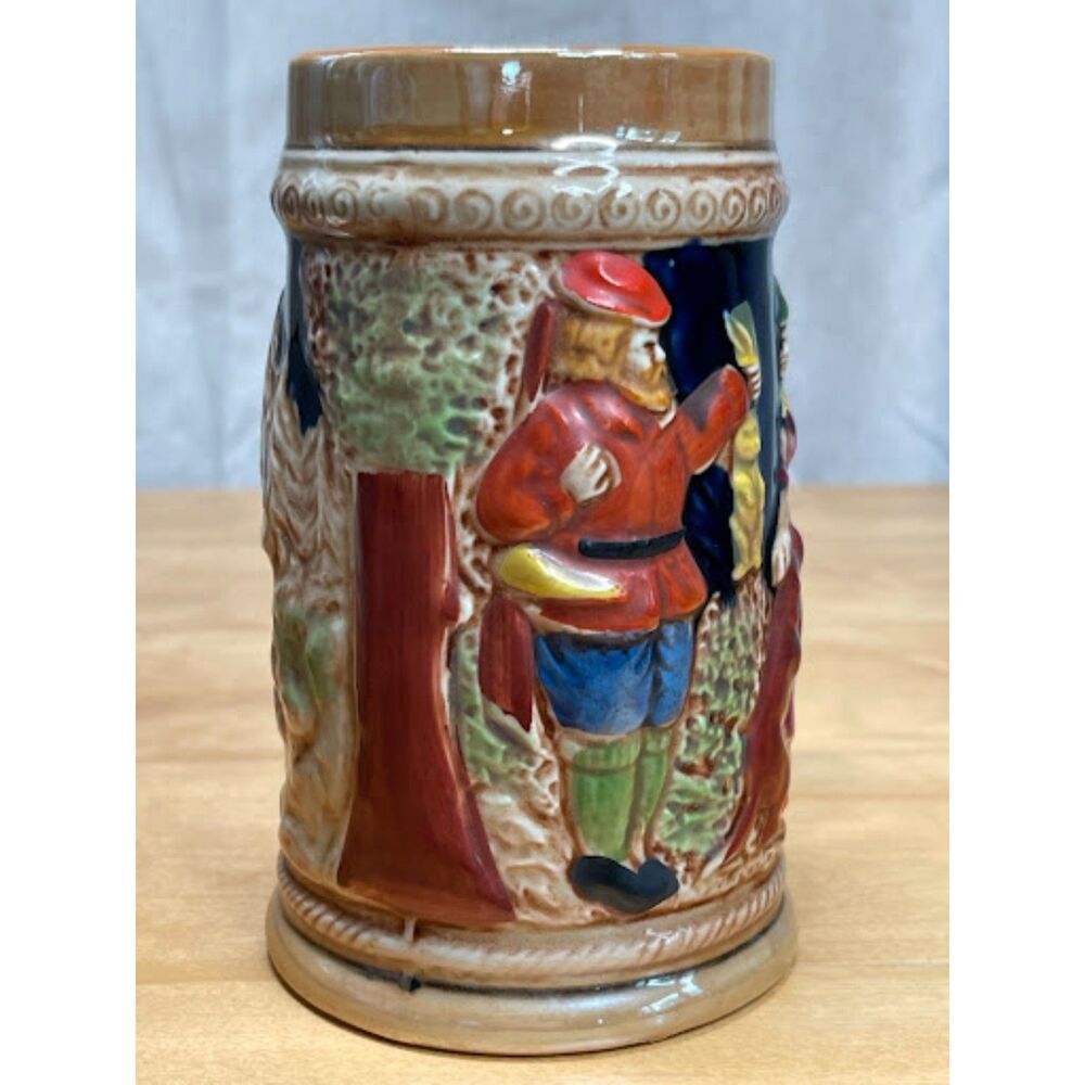 Vintage Hand Painted Relief Beer Stein Hunter Rabbit Dog Alpine Chalet Scene